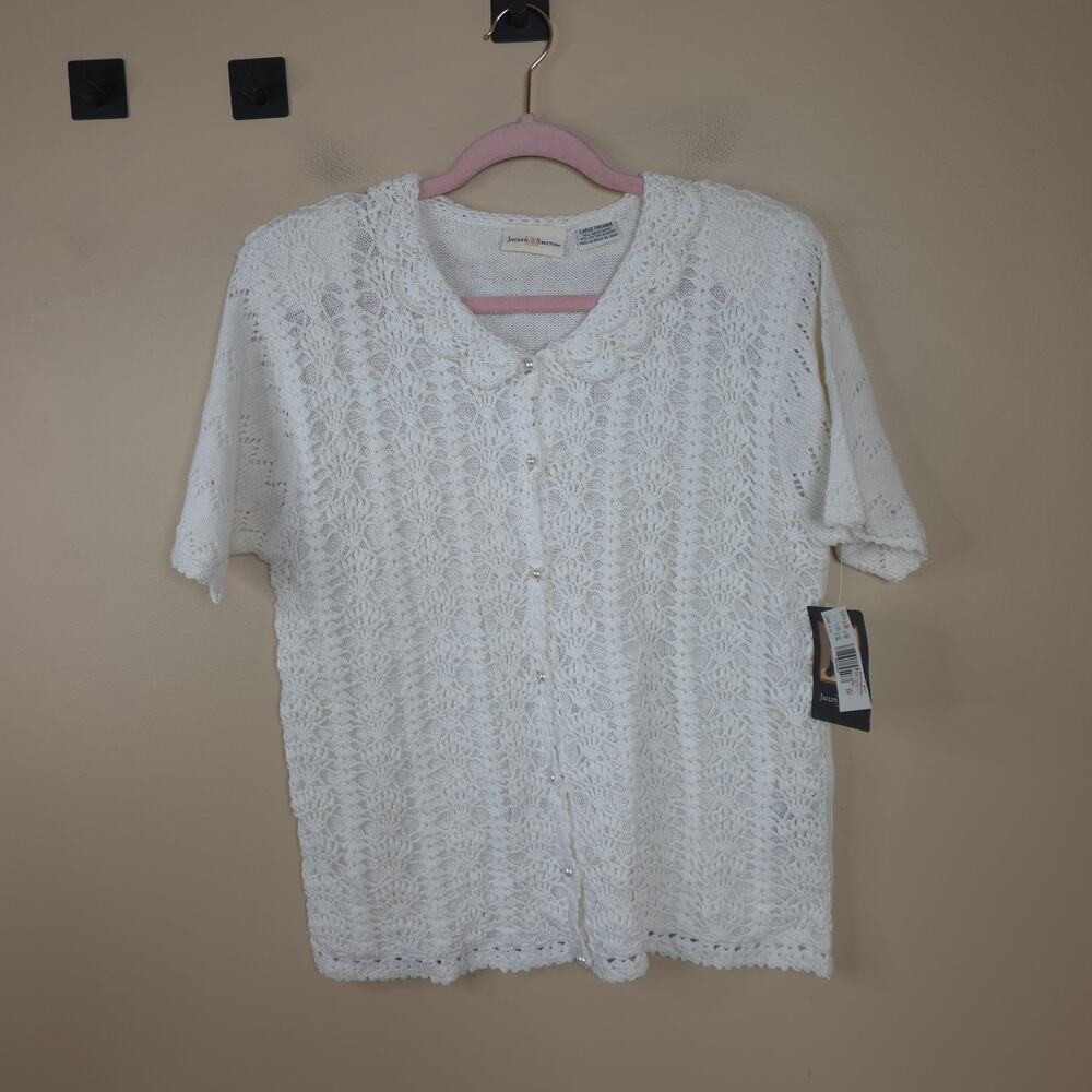 Vintage Jaclyn Smith Short Sleeve Crochet Knit Cardigan in White Size L